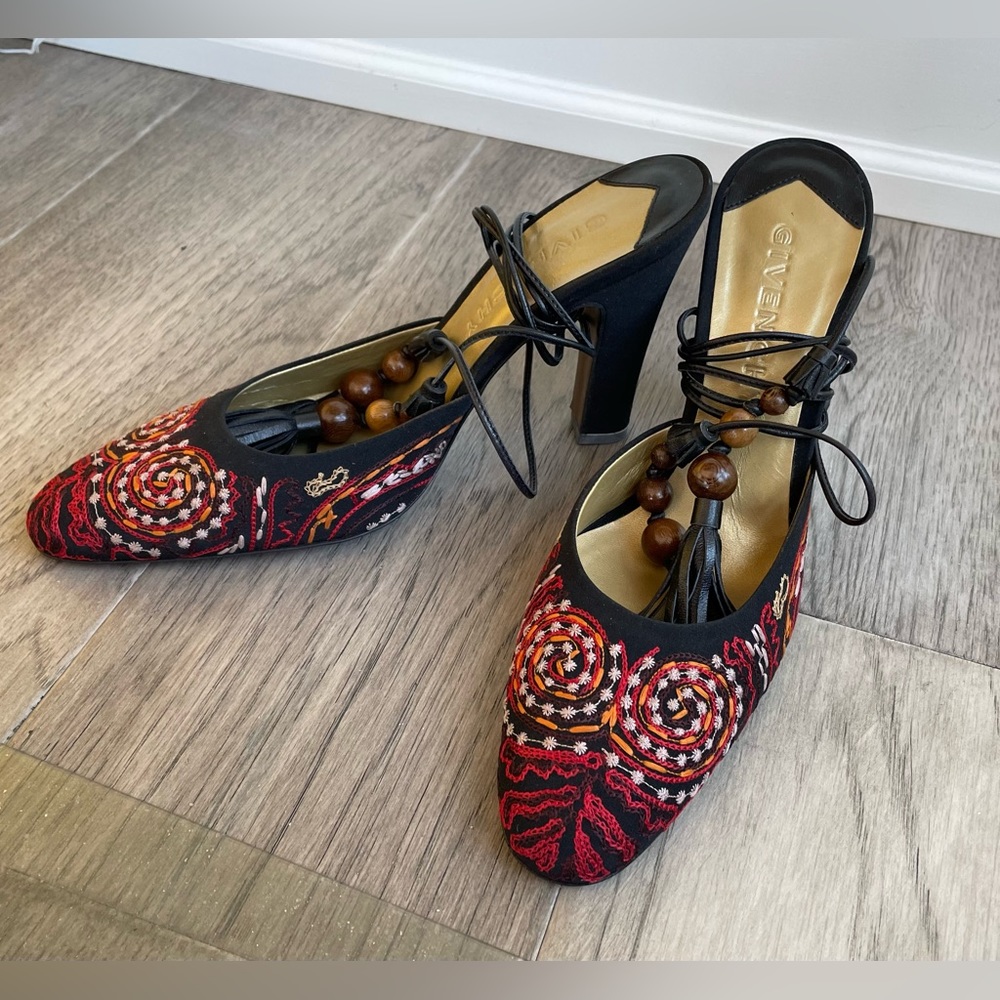Givenchy Muti-coloured Embroidered Heels with Leather Lace-Up Straps